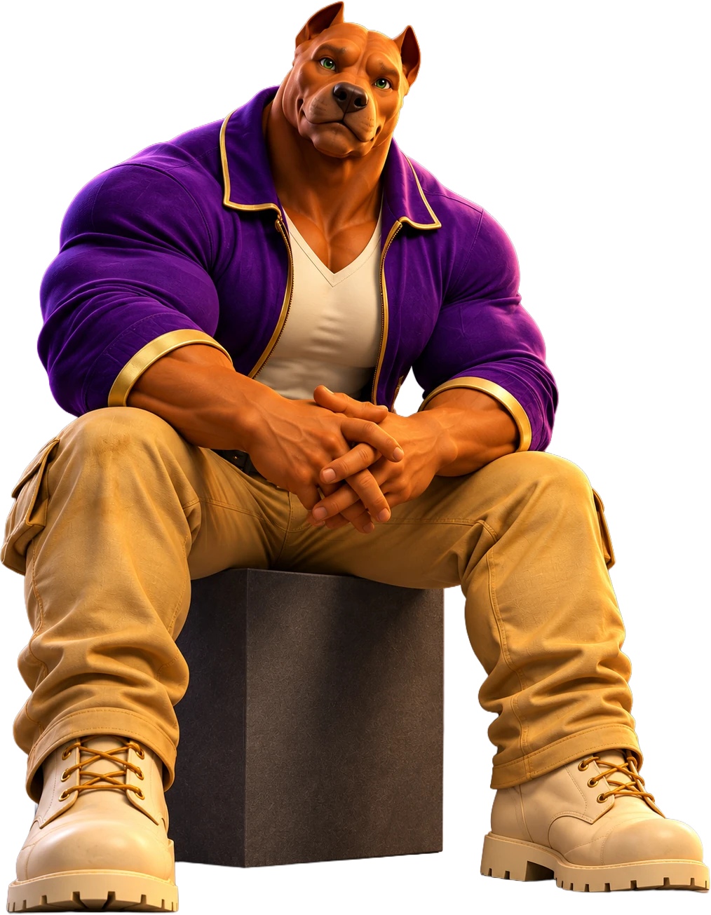 Muscle Dogg seated, waiting for you
